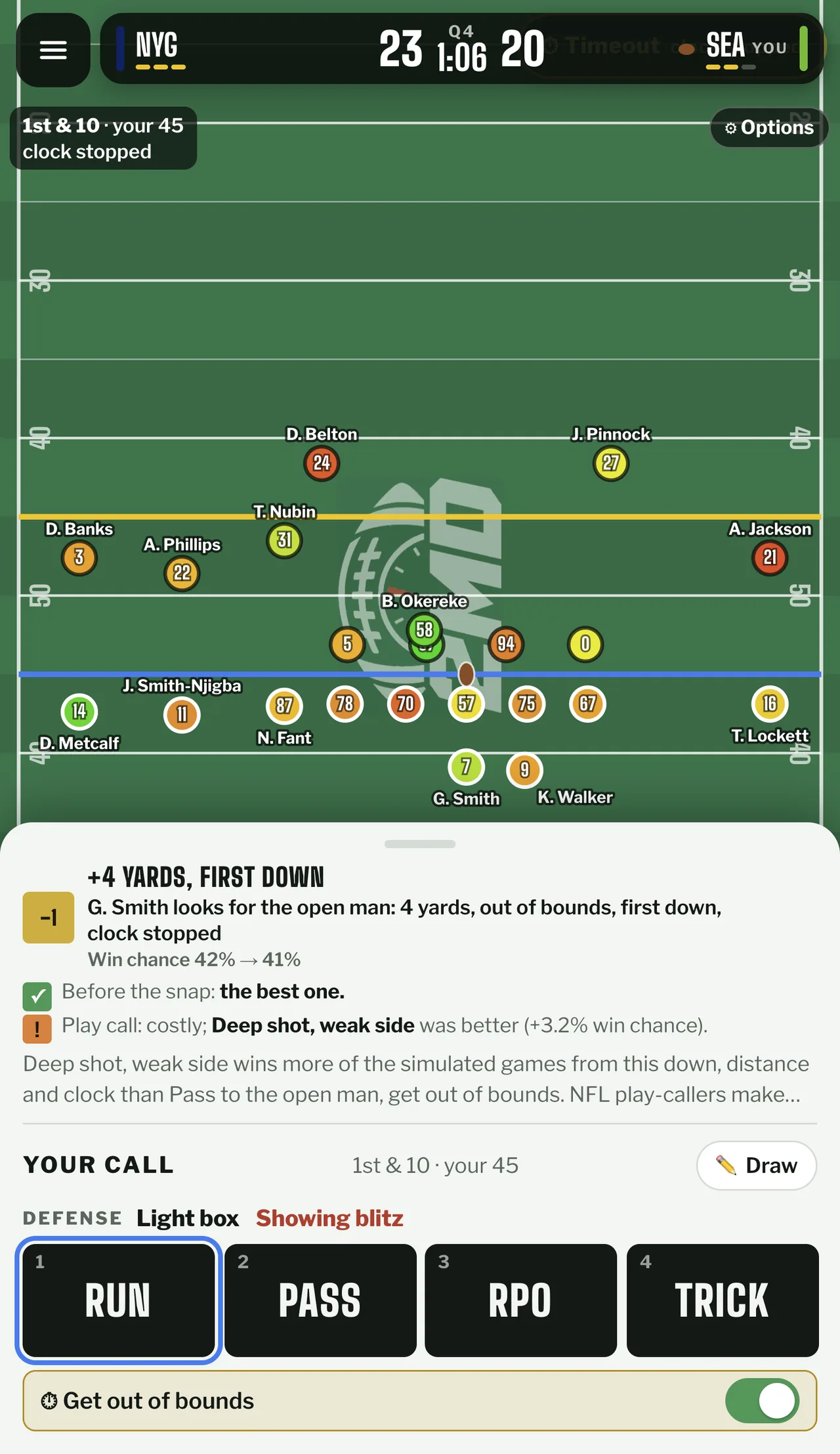 Giants and Seahawks players marked by jersey number on the field, with the result sheet reading plus four yards, first down