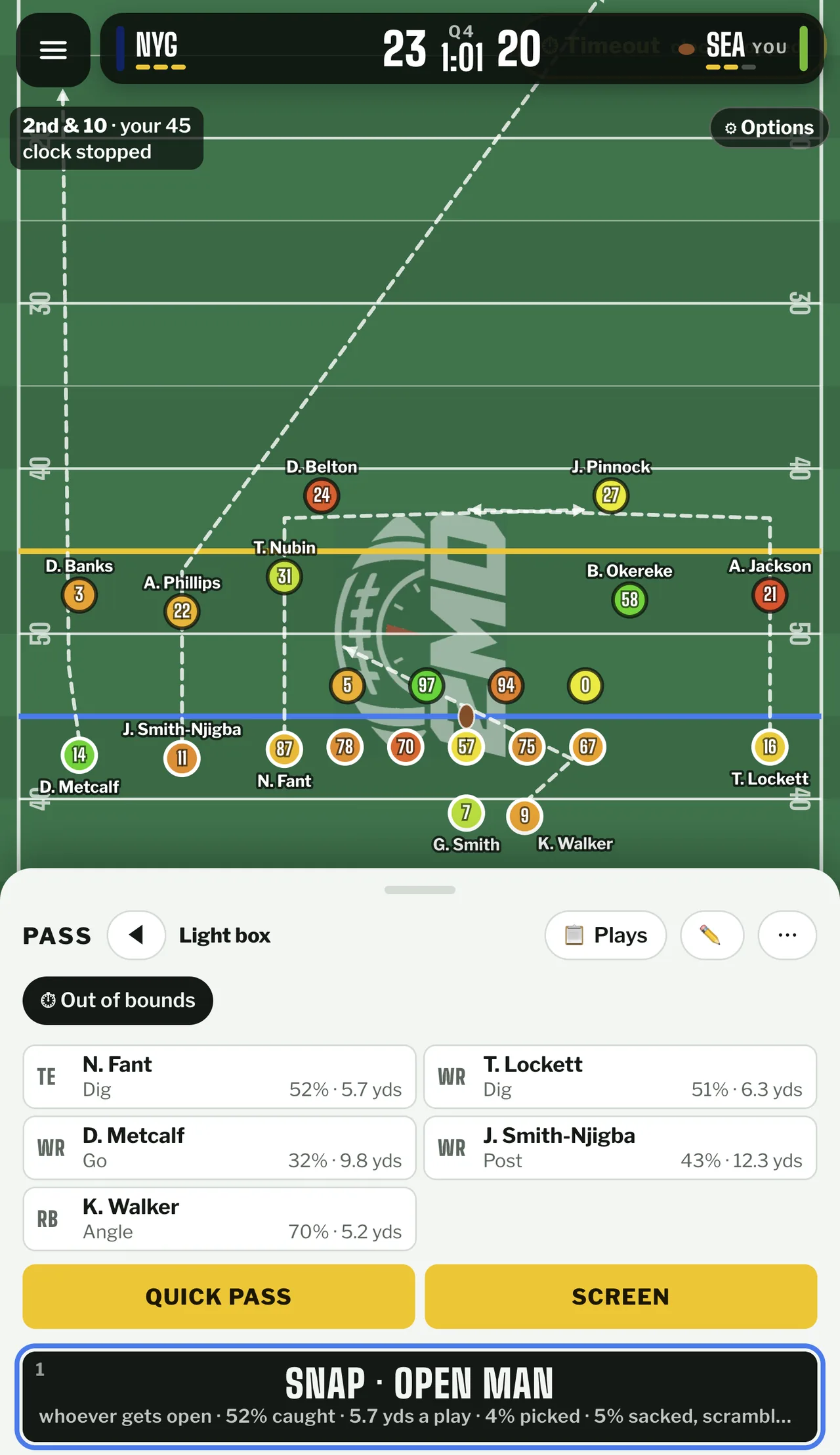 Giants pre-snap formation with white dashed route lines fanning out from the receivers toward both sidelines