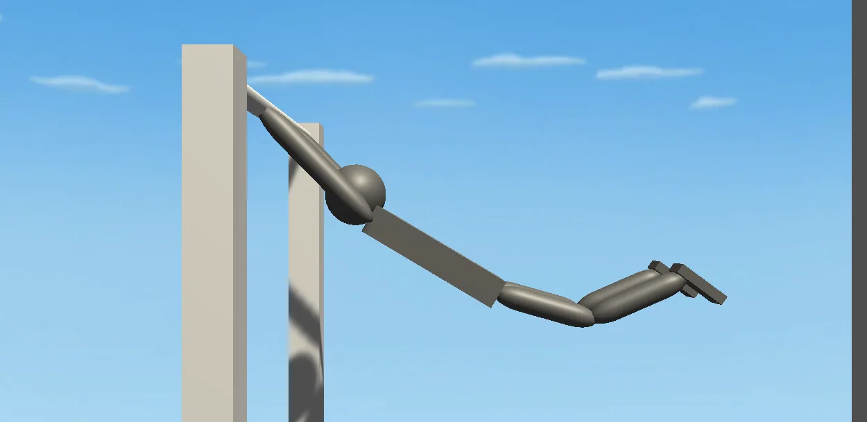 Body stretched out horizontal from the post, arms straight, legs trailing behind into empty sky