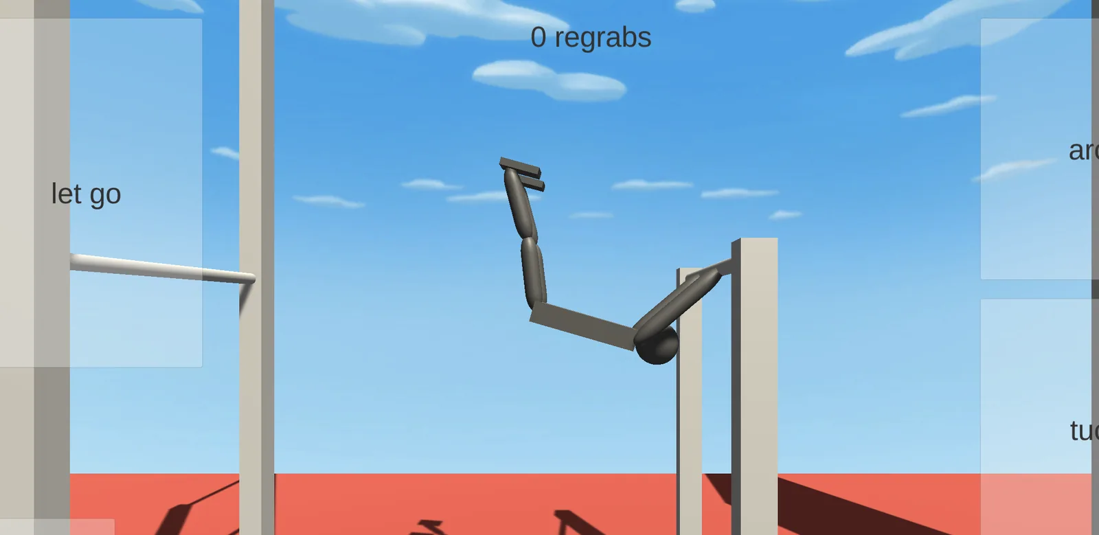 Ragdoll hanging motionless from the white bar, knees tucked, the regrab counter reading zero overhead